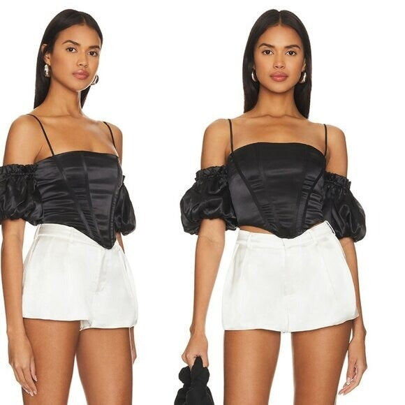 superdown Black Satin Off the Shoulder Phoebe Corset Top in Black Size Small